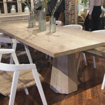 We love the thick, octagonal legs on this Jansen Dining Table. Made from reclaimed pine, this brings an organic element to any dining room or kitchen area.  Reclaimed Pine White Wash