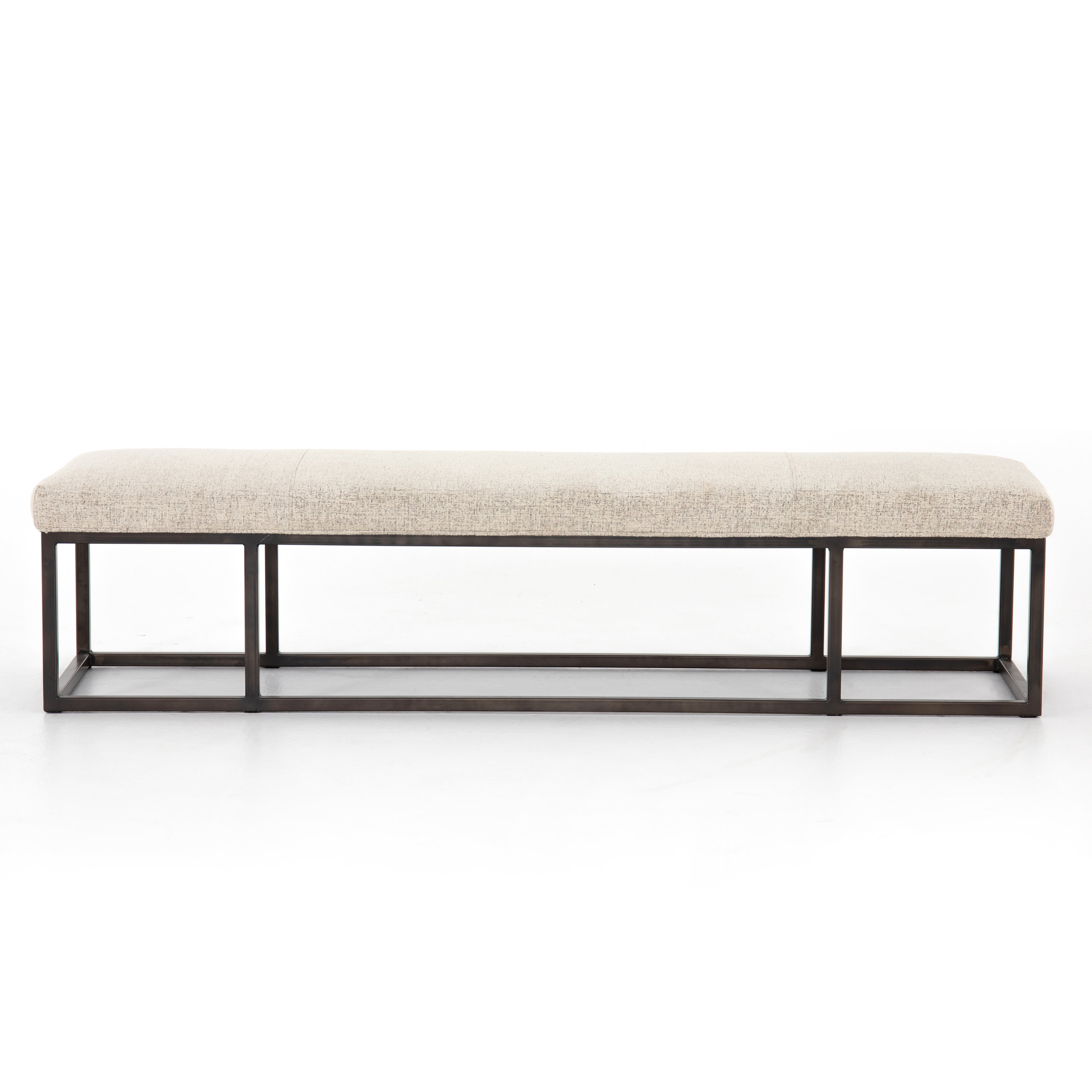 The Beaumont Plushtone Linen Bench has streamlined shaping and is textural to the touch. Gunmetal-finished iron framing stands slim and structured to support a well-tailored top of plush, linen-like upholstery. Open, adaptable styling allows for versatile placement options.  Size: 72"w x 20"d x 17"h