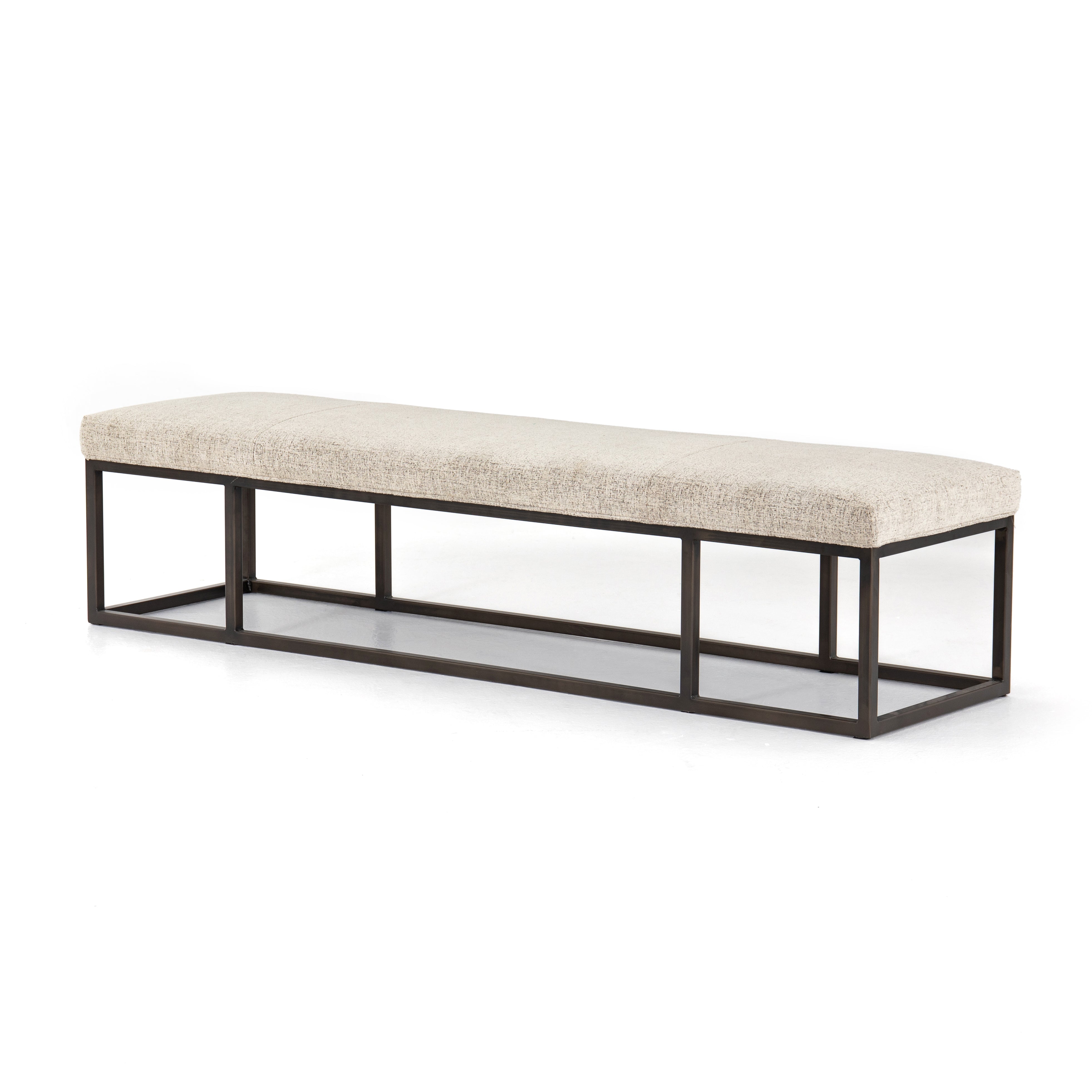 The Beaumont Plushtone Linen Bench has streamlined shaping and is textural to the touch. Gunmetal-finished iron framing stands slim and structured to support a well-tailored top of plush, linen-like upholstery. Open, adaptable styling allows for versatile placement options.  Size: 72"w x 20"d x 17"h
