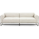 Neutral gone novel with this Ella Gable Taupe 91" Sofa. Taupe-colored upholstered seating is suspended by top-grain leather straps with handcrafted fastens, for an airy look. Solid rubberwood paneling wraps the frame’s entirety, while a black iron base lends lightness and contrast.  Available early October 2020!  Overall Dimensions: 91.00"w x 37.50"d x 30.25"h Materials: 82% Pl 16% Pc 2%Wo, Iron, 100% Top Grain Leath, Solid Parawood