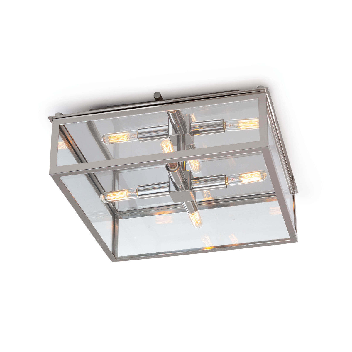 The modern silhouette and classic details of the Ritz Polished Nickel Flush Mount make a timeless design. We love the warm glow and elegance this can bring to any bathroom, entryway, or hallway.   Size: 14.5"w x 14.5"d x 5.75"h Material: Glass