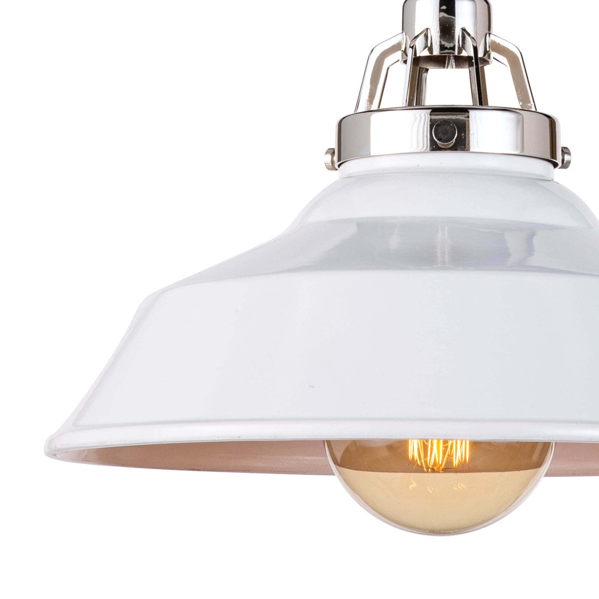 The polished nickel hardware and ceramic shade of this Maine White Ceramic Pendant instills a contemporary edge. It brings an antique charm to any modern-day kitchen or dining room  Size: 16"w x 16"d x 15"h Material: Ceramic