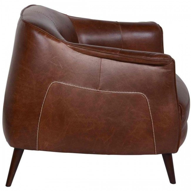 The Victor leather chair instantly transforms any living room into an infinitely sophisticated space. The tan leather upholstery and gently curved back are both chic and superbly comfortable. The chair is supported by a pocketed coil spring seating on solid oak wood legs for added durability.