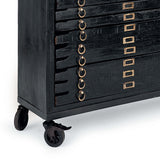 Crafted in vintage black mango wood and with brass hardware the Printmakers Console has been reconfigured to accommodate more space while retaining its classic form. There are 12 drawers for storage. This console is currently in the shop!  Size:  69"w x 13"d x 31"h