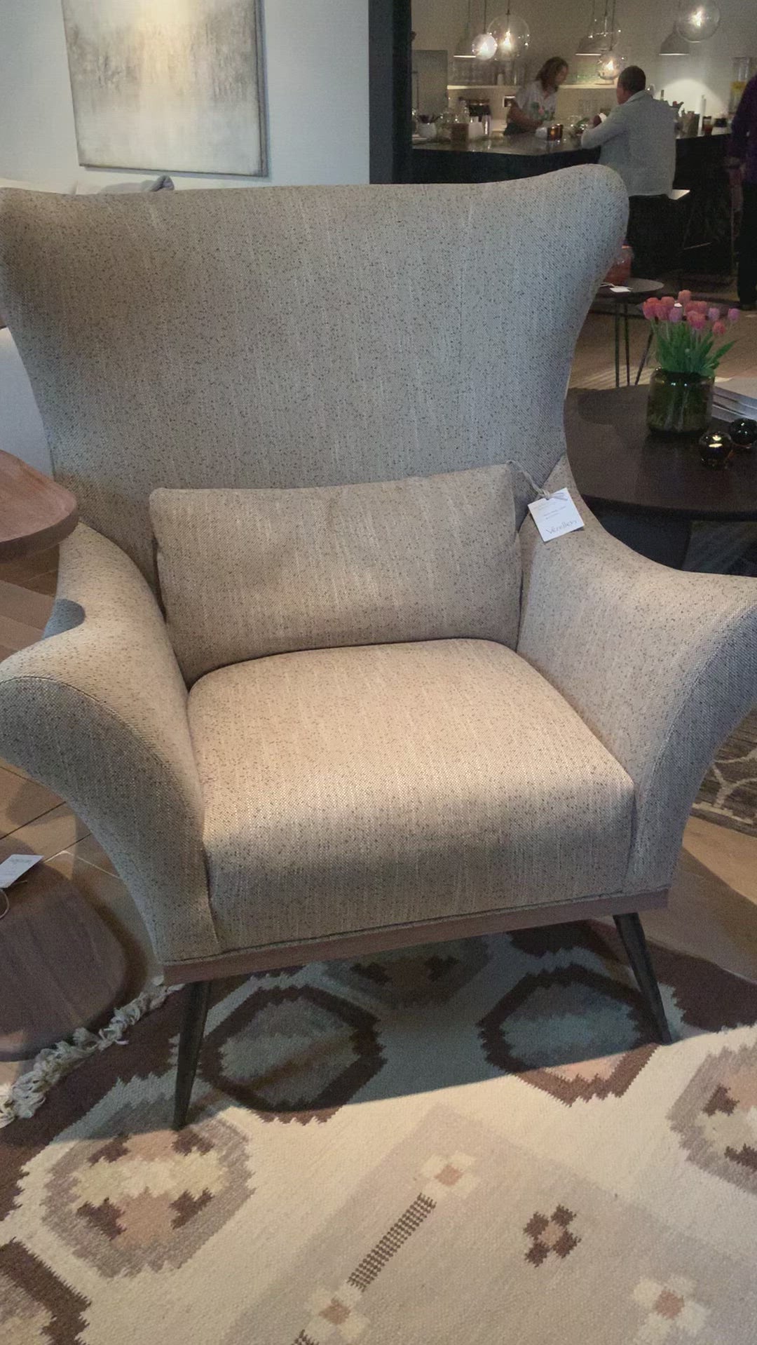 Paola Wing Chair in Suing 270.020 Flax Fabric and Sealed Walnut Finish