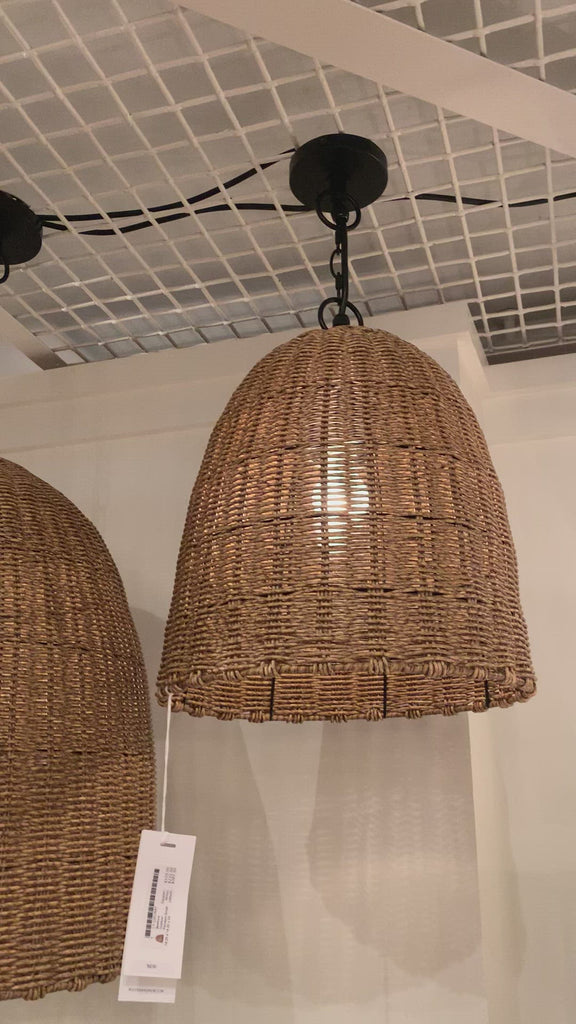 We love the coastal feel of this Beehive Outdoor Pendant Small. Made from rattan-like material, this is woven into a dome shape that would look gorgeous over a dining table, outdoor living space, or other area!  Dimensions: 24"h x 14.25"d x 14.25"d