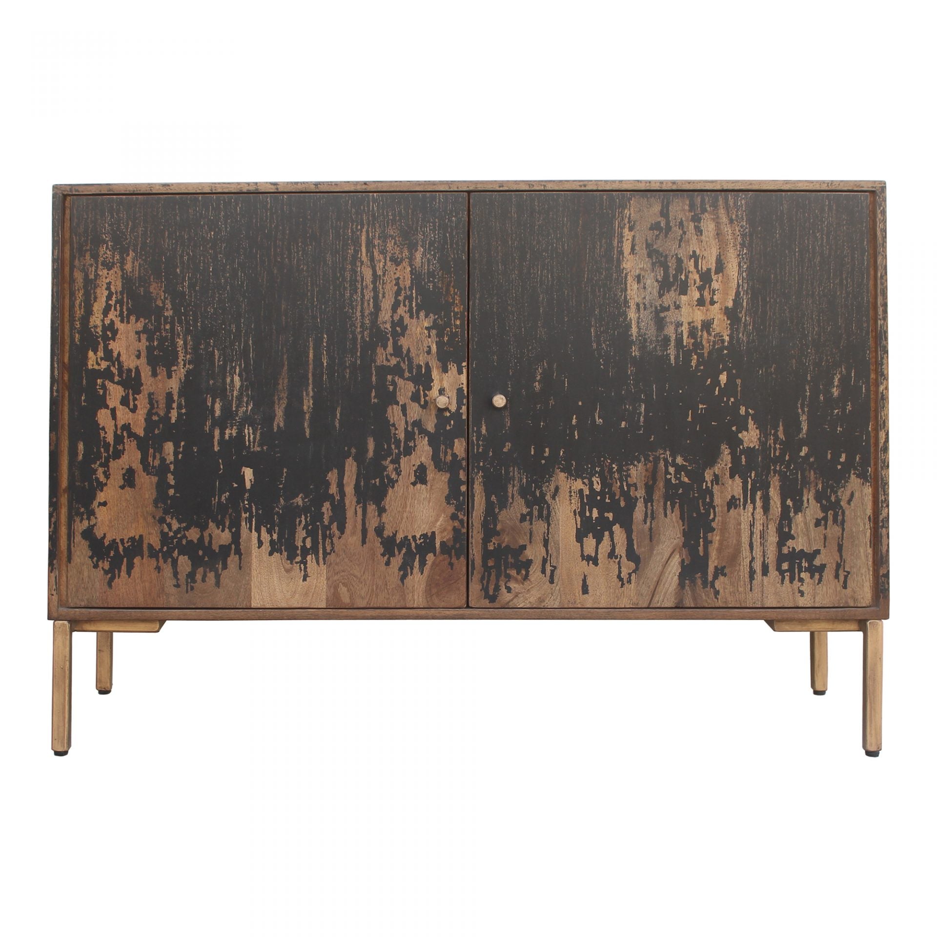 The rustic look to this Artists Small Sideboard is extremely versatile, fitting both the industrial and farmhouse aesthetics. The golden knobs open to shelves, perfect for those families needing extra storage.   Size: 48"W x 16"D x 33.5"H Material: Solid Mango, Iron Legs