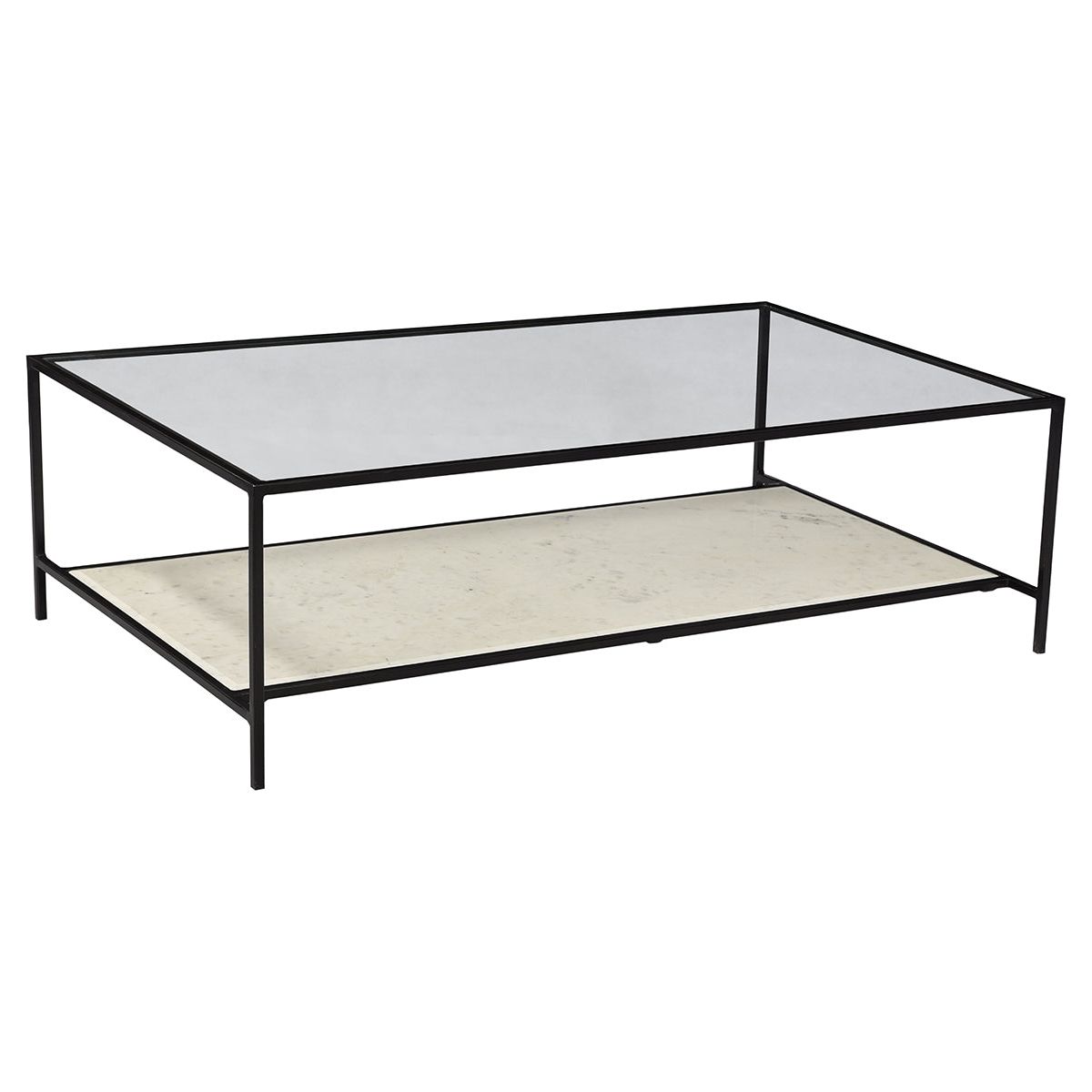 The Ramos Coffee Table is a chic addition to any room with a glass top, gun metal black finish, and marble bottom shelf.  Size: 52"w x 28"d x 15"h