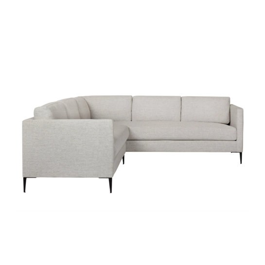 The Benedict 2 Arm Sectional - Essentials is a modern design with clean lines and sleek metal legs in black rust. It has a fresh and functional aesthetic with no-sag support.  This beloved family furniture designer brand is our go-to choice for families with young children and pets. The organic linen & cotton fabric collection is machine washable (not dryer friendly -- please air dry!).