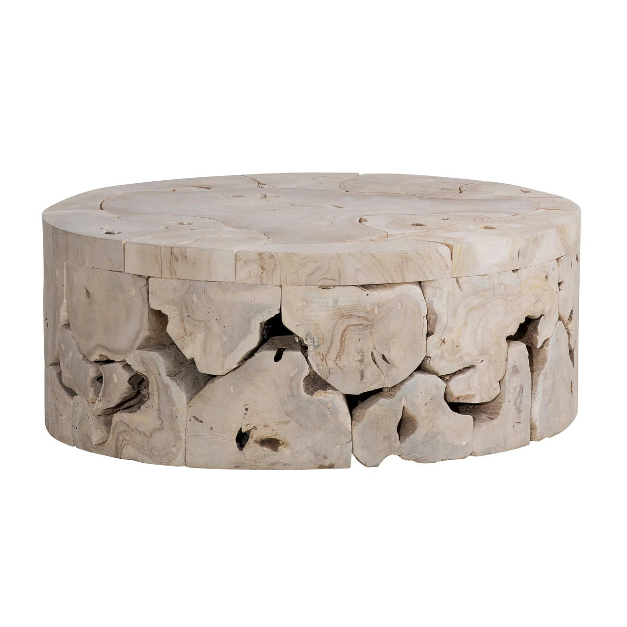 This beautiful Briar Round Coffee Table is pieced together from reclaimed slabs and chunks of solid teak wood finished in a bleached finish with exquisite craftsmanship. Artisans build each coffee table like a puzzle, fitting each piece together in combinations that are never duplicated. Like true works of art, no two will be exactly alike. Amethyst Home provides interior design services, furniture, rugs, and lighting in the Omaha metro area.