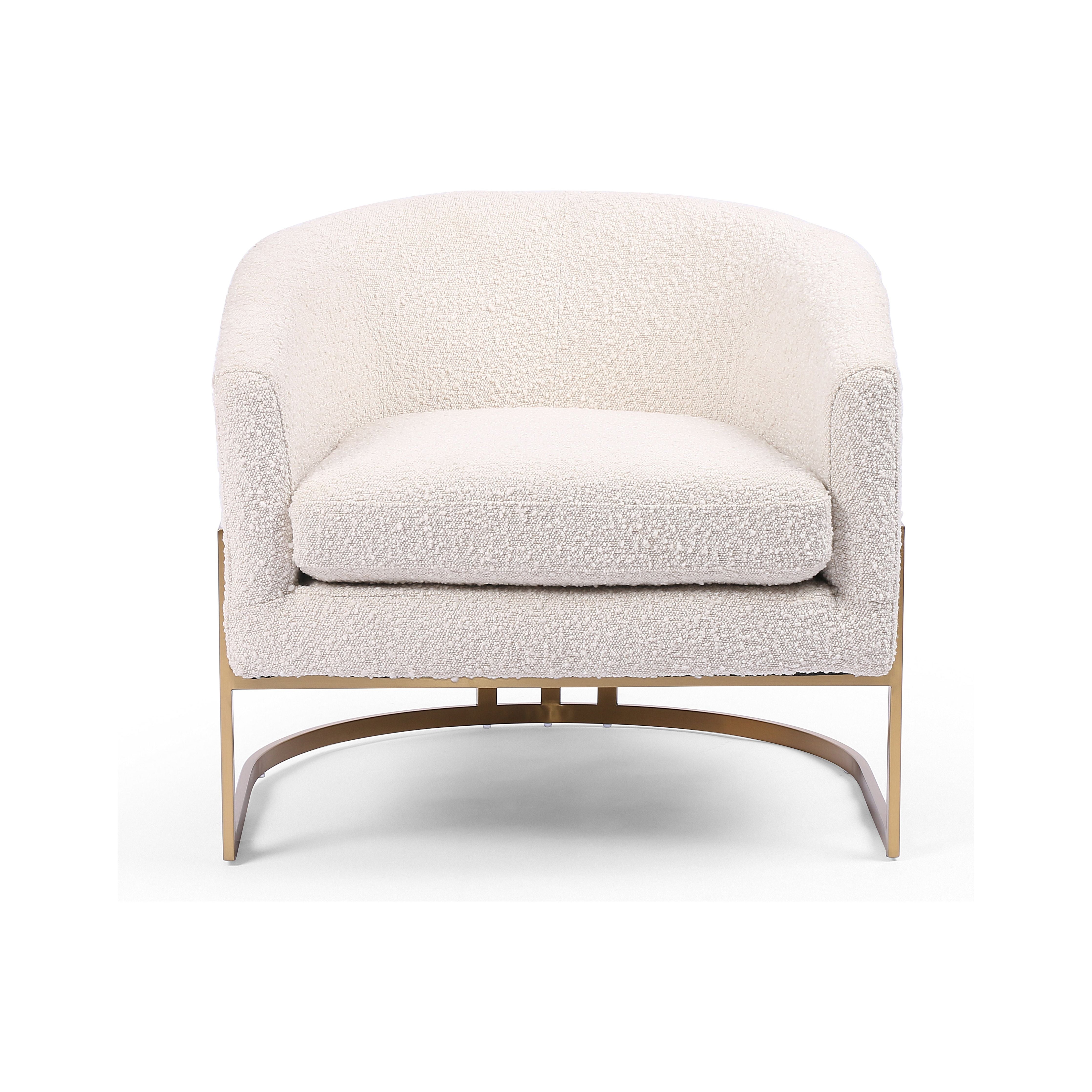 We love the luxe, mid-century-modern seating found in this Corbin Knoll Natural Chair, with a subtle swank and a focus on details. The satin brass-brushed metal framing matched with the natural curving of the chairs makes it a unique piece for your living room, bedroom, or office.   Overall Dimensions: 28"w x 29.25"d x 26"h Materials: Stainless Steel, 54%Poly/45%Acrylic