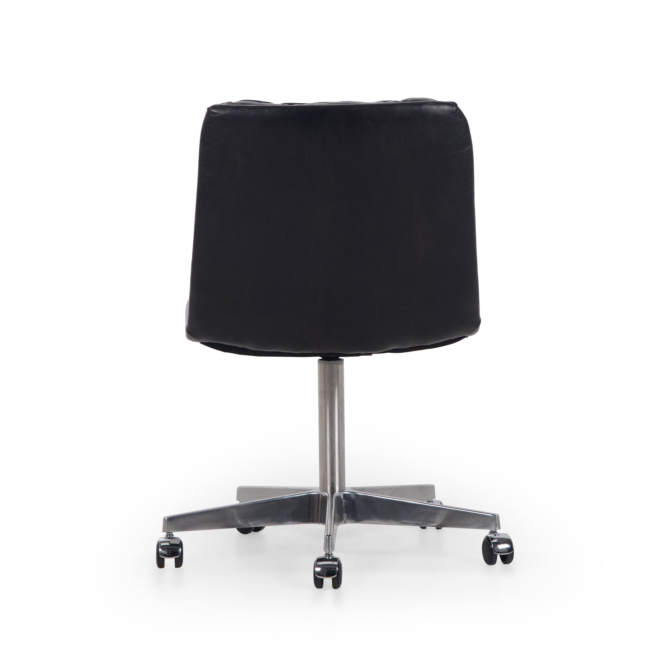 Featuring Malibu Desk Chair - Rider Black by Four Hands at Amethyst Home. Paired back and fashion-forward, this minimalist Malibu Desk Chair in black top-grain leather offers maximum comfort. Inspired by workspaces of the ‘50s and ‘60s. Stainless steel casters make for stylish ease in the workplace. Height not adjustable.
Overall Dimensions: 20.75"W x 26.25.  Amethyst Home provides interior design, new home construction design consulting, vintage area rugs, and lighting in the Monterey metro area.