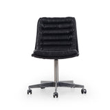 Featuring Malibu Desk Chair - Rider Black by Four Hands at Amethyst Home. Paired back and fashion-forward, this minimalist Malibu Desk Chair in black top-grain leather offers maximum comfort. Inspired by workspaces of the ‘50s and ‘60s. Stainless steel casters make for stylish ease in the workplace. Height not adjustable.
Overall Dimensions: 20.75"W x 26.25"L.  Amethyst Home provides interior design, new home construction design consulting, vintage area rugs, and lighting in the Boston metro area.