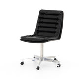 Featuring Malibu Desk Chair - Rider Black by Four Hands at Amethyst Home. Paired back and fashion-forward, this minimalist Malibu Desk Chair in black top-grain leather offers maximum comfort. Inspired by workspaces of the ‘50s and ‘60s. Stainless steel casters make for stylish ease in the workplace. Height not adjustable.
Overall Dimensions: 20.75"W x 26..  Amethyst Home provides interior design, new home construction design consulting, vintage area rugs, and lighting in the Alpharetta metro area.