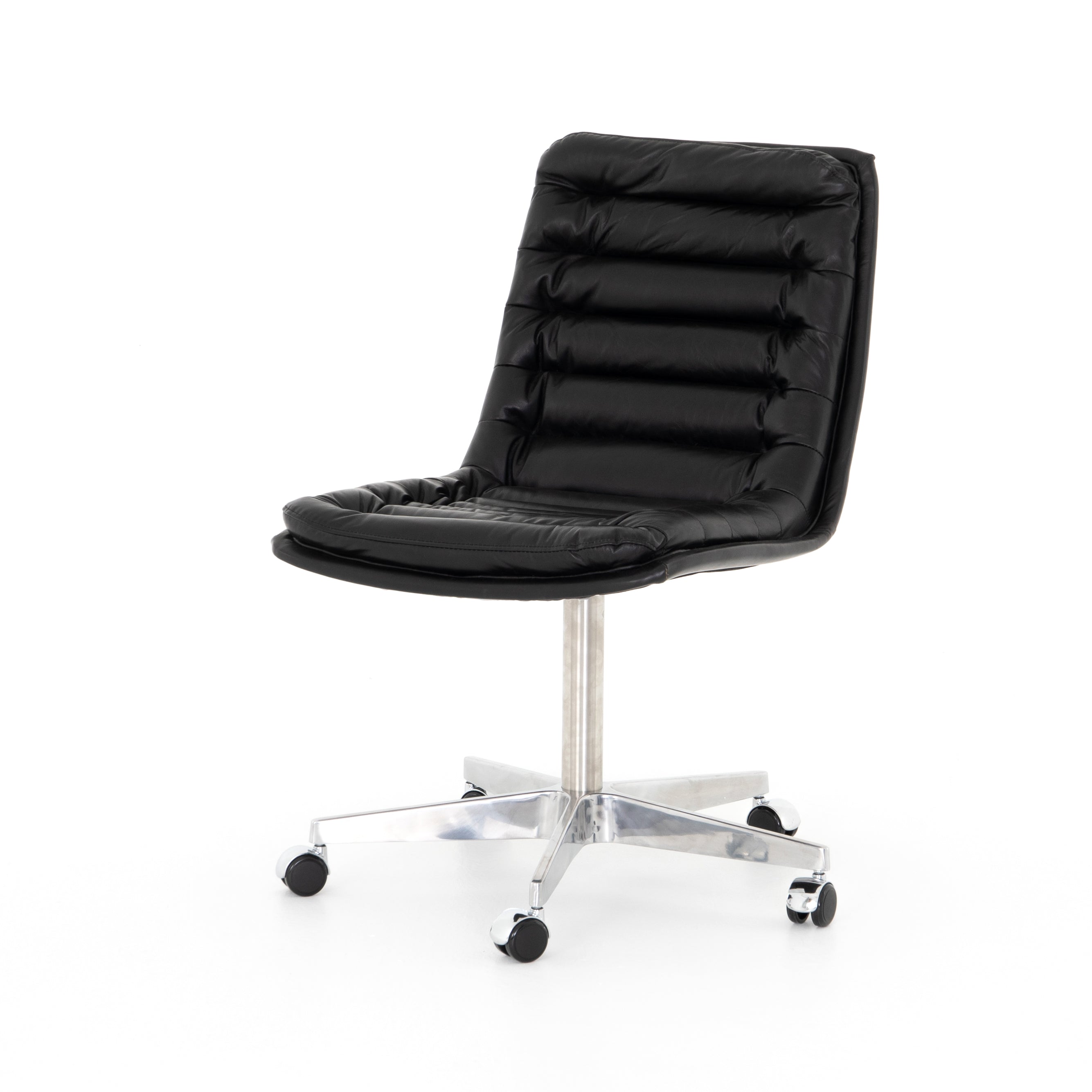 Paired back and fashion-forward, this minimalist Malibu Desk Chair in black top-grain leather offers maximum comfort. Inspired by workspaces of the ‘50s and ‘60s. Stainless steel casters make for stylish ease in the workplace. Height not adjustable.  Overall Dimensions: 20.75"w x 26.25"d x 34.25"h Seat Depth: 16.54" Seat Height: 19.29"