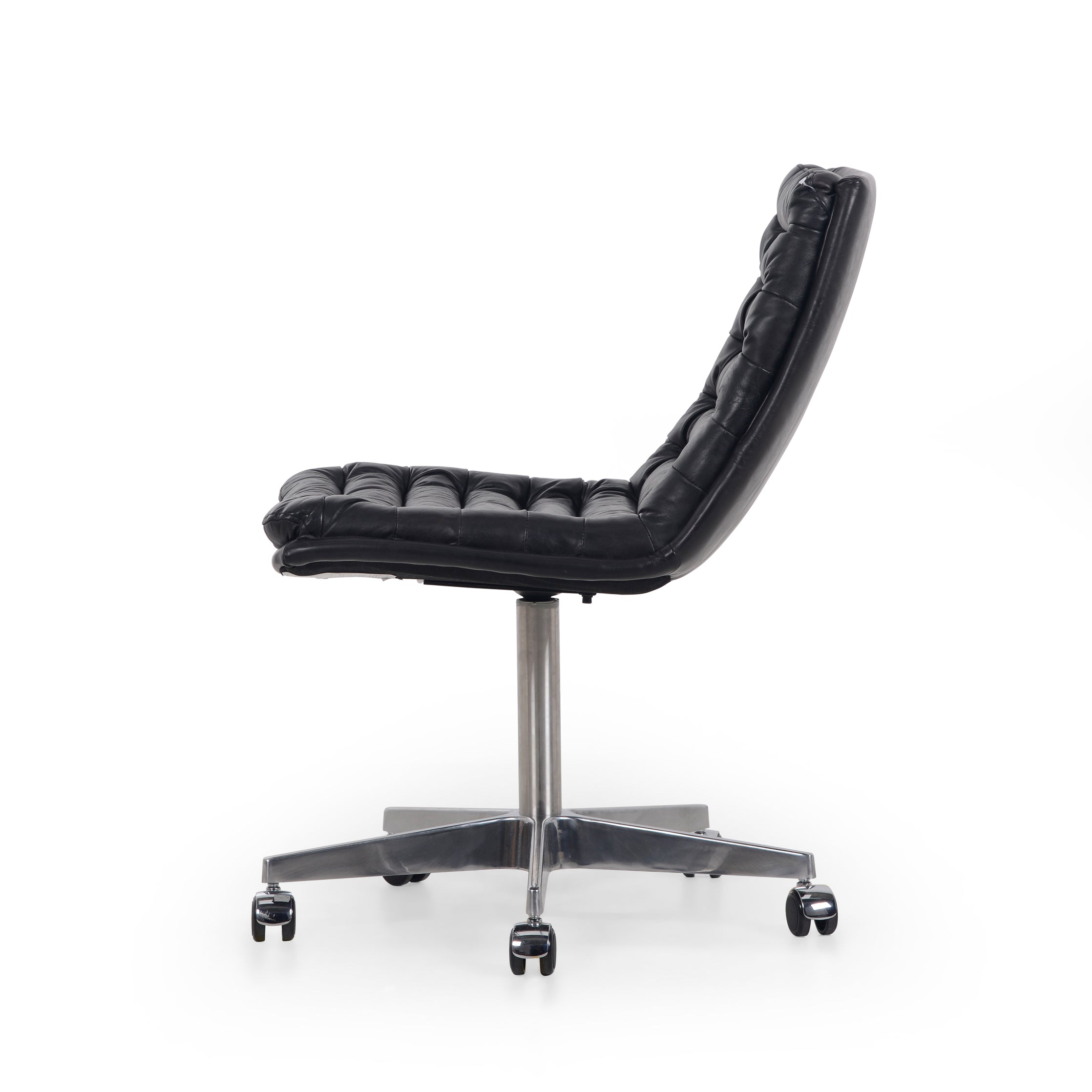Featuring Malibu Desk Chair - Rider Black by Four Hands at Amethyst Home. Paired back and fashion-forward, this minimalist Malibu Desk Chair in black top-grain leather offers maximum comfort. Inspired by workspaces of the ‘50s and ‘60s. Stainless steel casters make for stylish ease in the workplace. Height not adjustable.
Overall Dimensions: 20.75"W x 26.25.  Amethyst Home provides interior design, new home construction design consulting, vintage area rugs, and lighting in the Monterey metro area.