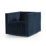 A modern take on classic library chair, the Augustine Sapphire Navy Swivel Chair is a luxurious poly-blend navy seating that takes on dramatic channeling for trend-forward texture and sumptuous sit. Swivel feature amps up fresh appeal from every angle.  Size: 32"w x 34"d x 26.5"h Seat Depth: 23" Seat Height: 17" Arm Height from Floor: 26.5" Arm Height from Seat: 9.5"