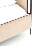 Safari styling gets a modern reboot with this Leigh Upholstered Bed. Linen-blend upholstery of neutral taupe lays a texture-rich base for a forward-thinking bedroom look. Brown leather straps secure decorative headboard pillows, suspended for eye-catching effect. Box spring required.