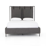 The black straps on this Leigh San Remo Ash Upholstered Bed give any bedroom a stylish, modern look.   Queen Size: 65"w x 84.5"d x 60.25"h King Size: 80.75"w x 84.5"d x 60.25"h Materials: 100% Polyester, 85% Pl, 15% Pu, Iron