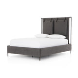 The black straps on this Leigh San Remo Ash Upholstered Bed give any bedroom a stylish, modern look.   Queen Size: 65"w x 84.5"d x 60.25"h King Size: 80.75"w x 84.5"d x 60.25"h Materials: 100% Polyester, 85% Pl, 15% Pu, Iron