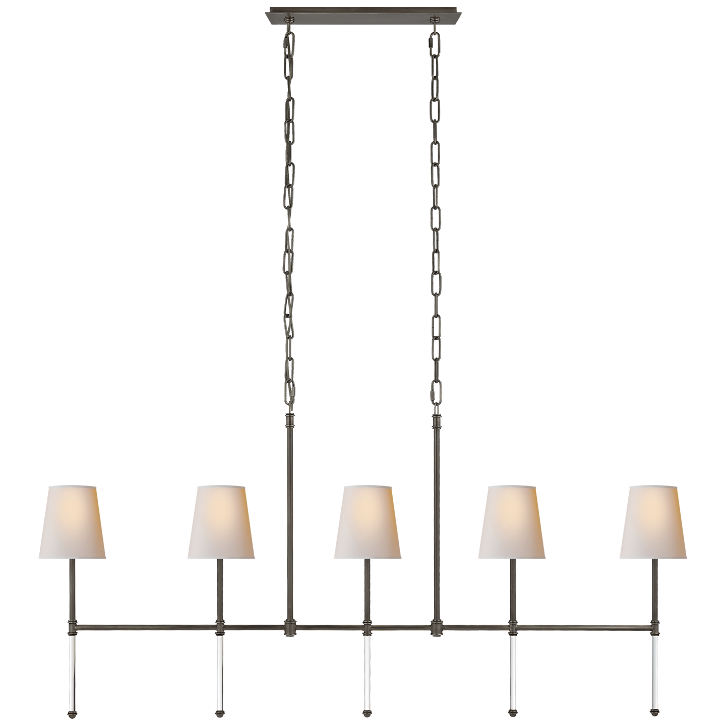 We love the slim, gorgeous arms of this Camille Medium Linear Chandelier by Visual Comfort. Place over an island or dining room to give your space a warm, elegant look  Designer: Suzanne Kasler