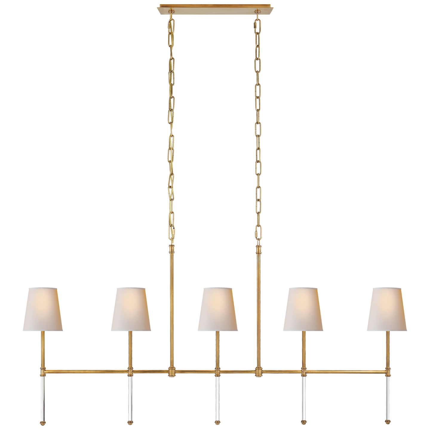 We love the slim, gorgeous arms of this Camille Medium Linear Chandelier by Visual Comfort. Place over an island or dining room to give your space a warm, elegant look  Designer: Suzanne Kasler