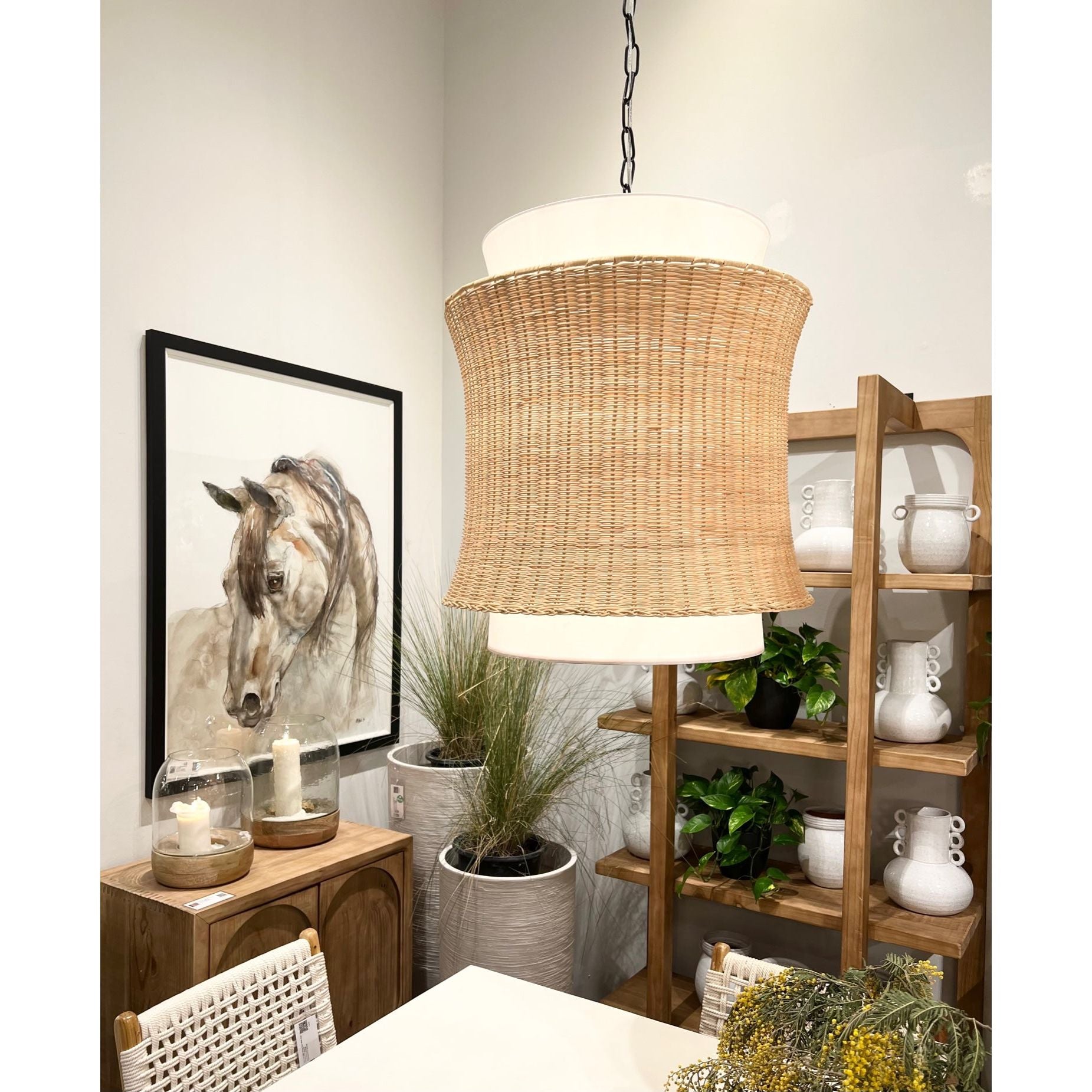 Made of fabric and beautifully natural woven rattan, the Chrisley Pendant Light is a wonderfully modern and airy fixture to hang above your kitchen island or bedroom nightstands. Amethyst Home provides interior design services, furniture, rugs, and lighting in the Calabasas metro area.