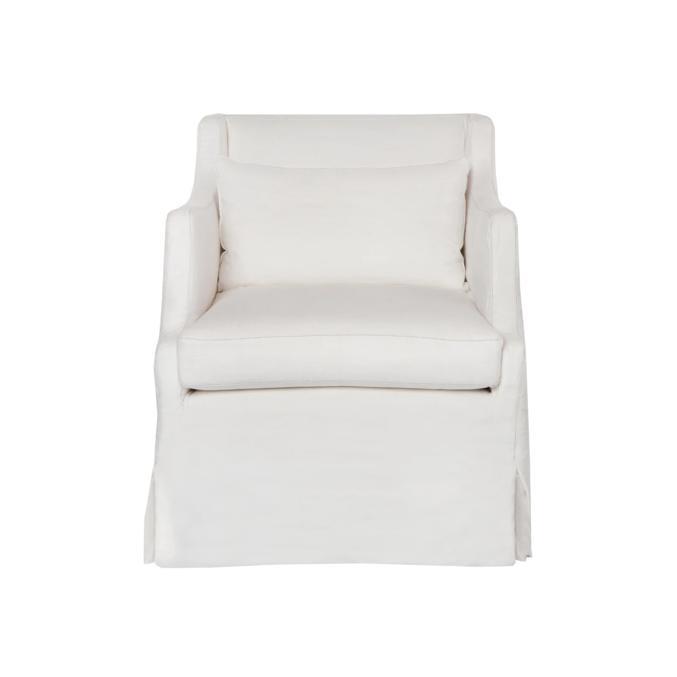 The slipcovered Amalia Chair from Cisco Brothers is one of our dreamiest seats!  Beautifully made in white 100% linen, this chair is equal parts casual and chic.  So comfortable and outside the ordinary -- perfect for traditional & coastal styles! Shown in a Grade J, Brevard Ivory fabric.