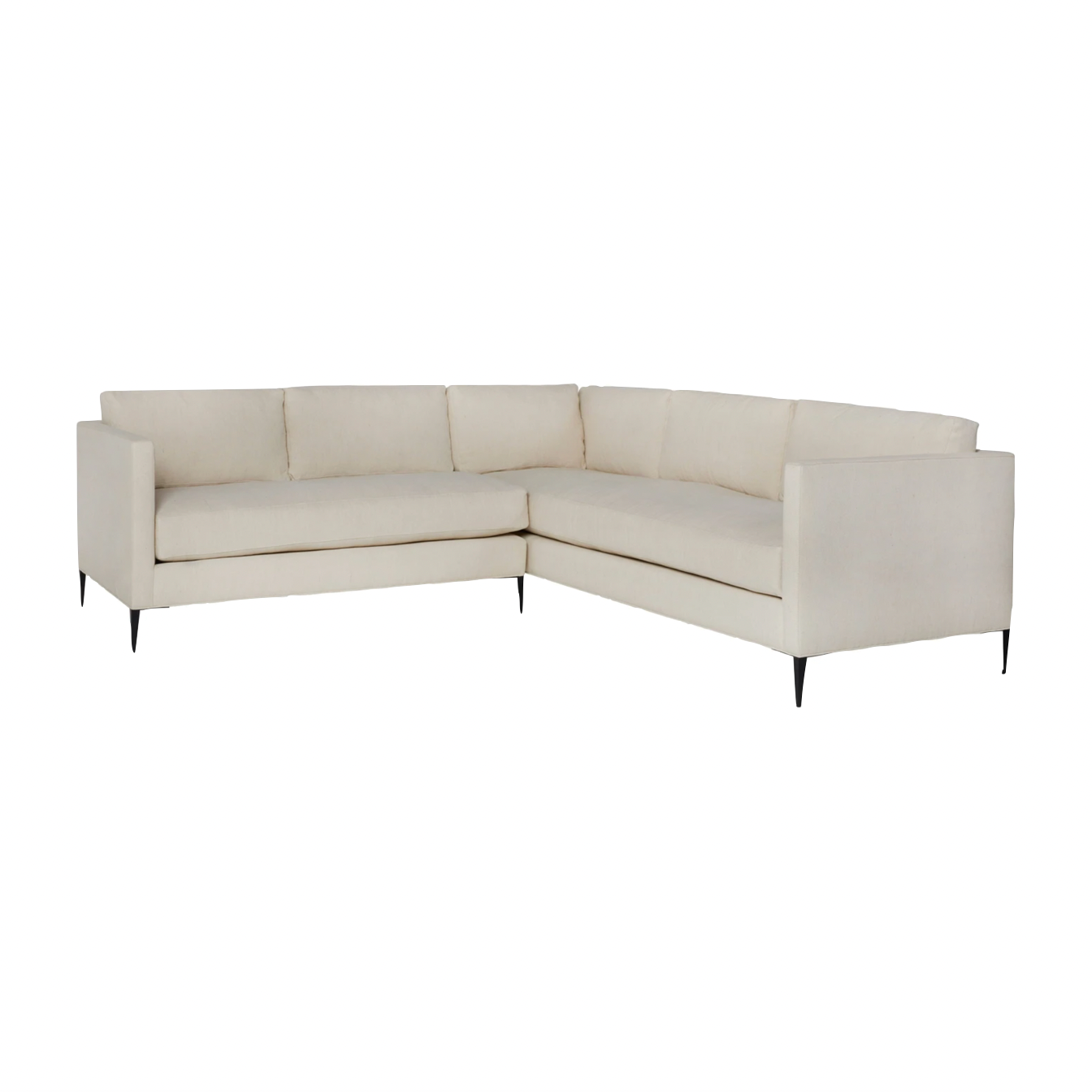 The Benedict 2 Arm Sectional - Essentials by Cisco Brothers is a modern design with clean lines and sleek metal legs in black rust. It has a fresh and functional aesthetic with no-sag support. Photographed in Vanocur Natural and Navedo Gravel.  Overall: 96"w x 96"d x 29"h