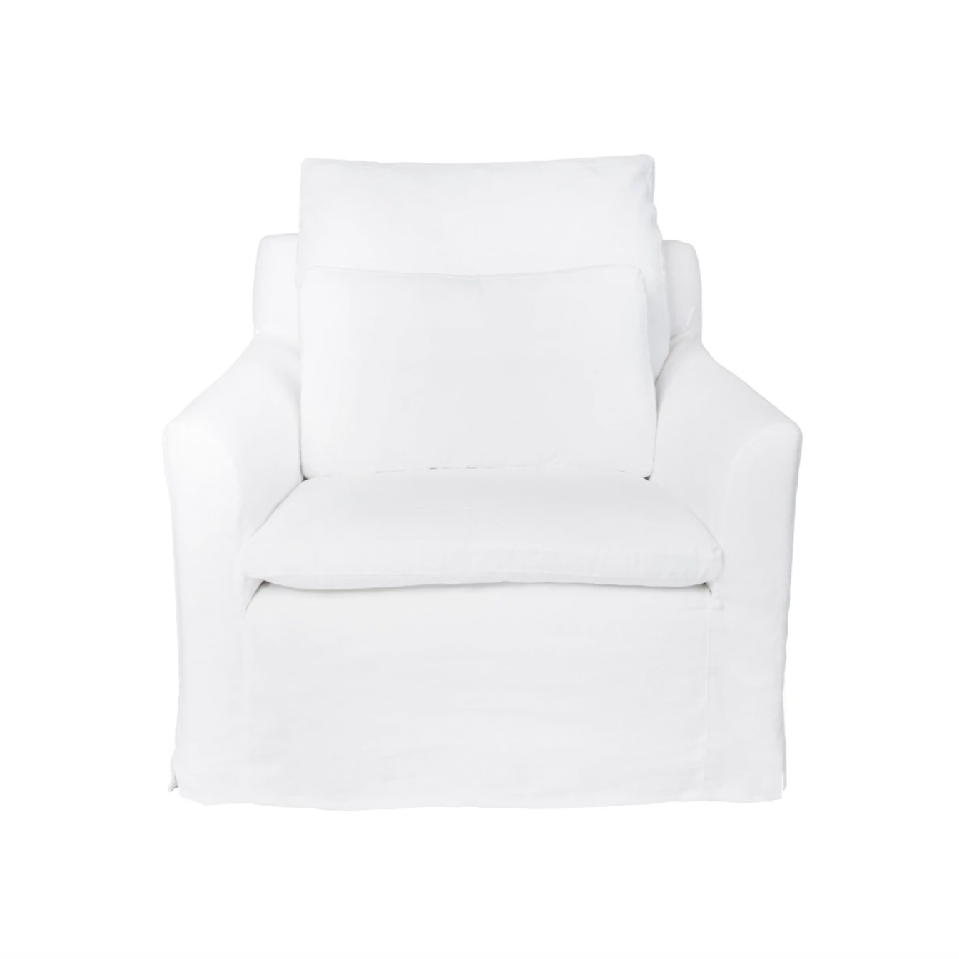Our Donato Chair from Cisco Brothers is one of our dreamiest seats! This photographed version of the chair was made in a beautifully made white denim of 100% cotton. This chair is equal parts casual and chic. A triple washed down feather cushion feels like a cloud with upholstered support beneath!  Overall Size: 36"w x 37"d x 31"h