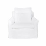 Our Donato Chair from Cisco Brothers is one of our dreamiest seats! This photographed version of the chair was made in a beautifully made white denim of 100% cotton. This chair is equal parts casual and chic. A triple washed down feather cushion feels like a cloud with upholstered support beneath!  Overall Size: 36"w x 37"d x 31"h