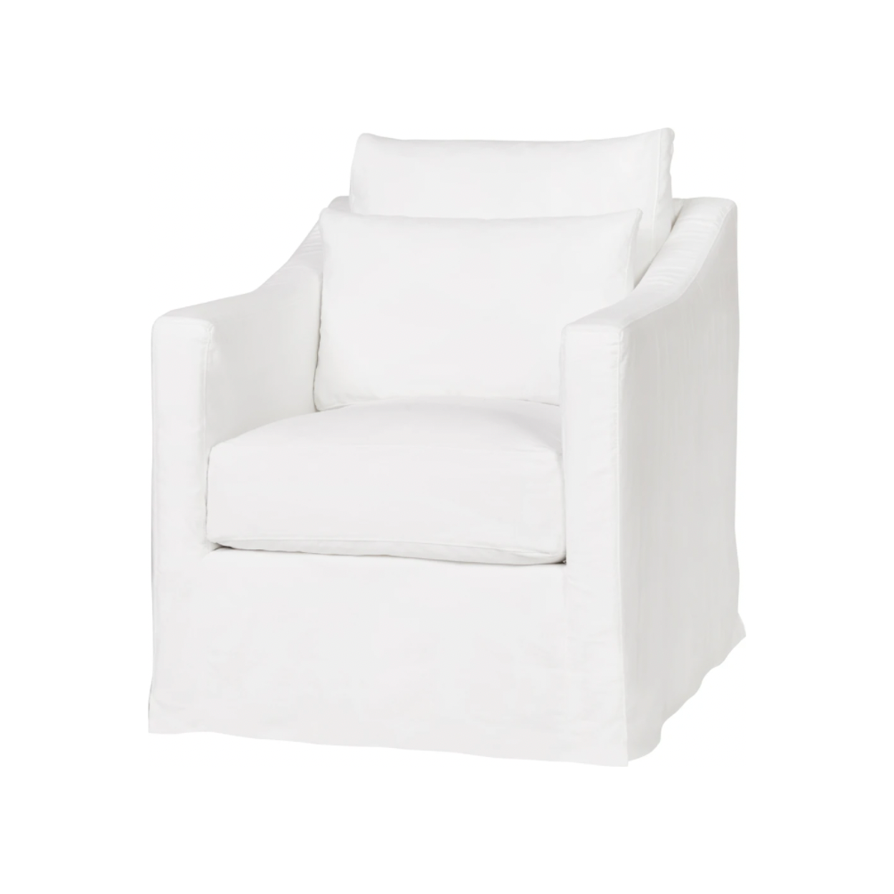 The Rebecca by Cisco Brothers has a stunning silhouette draped in a graceful slip skirt with a neat kick-pleat detail. With a lumbar pillow for extra comfort, this tranquil chair will bring relaxation and ease into your home. Photographed in Denim White.   Overall: 30"w x 35"d x 31"h