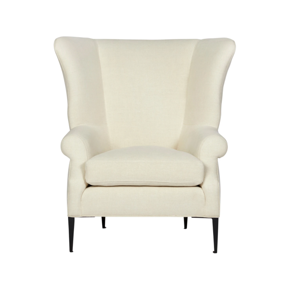 The Melrose Chair by Cisco Home is a stunning, feminine piece that would make the perfect wing chair. It showcases a flared back with appealing curves and a delicate rolled arm. Sleek metal legs incorporate an element of modernity into this beguiling design.  Overall: 38"w x 35"d x 41"h