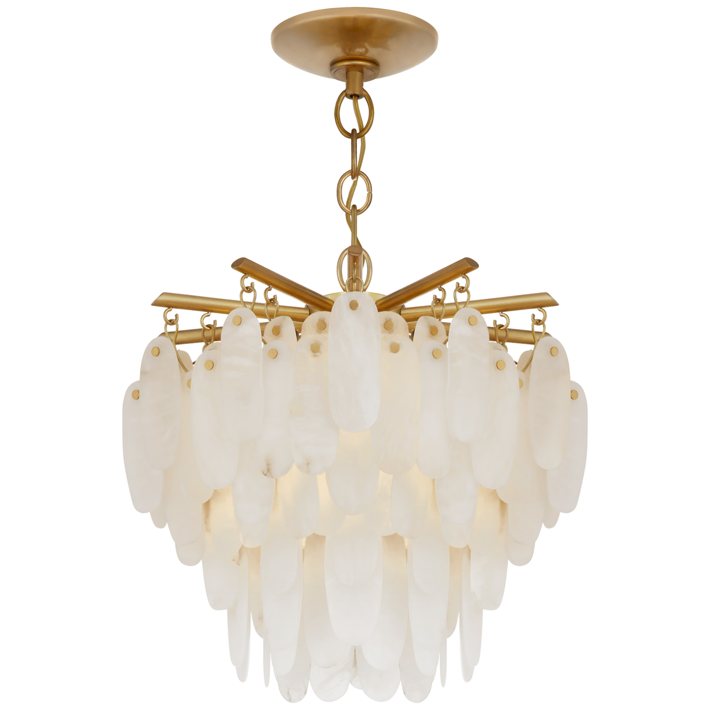 This Cora Medium Semi-Flush Mount from Visual Comfort is art in the form of lighting with its antique-burnished brass finish and hanging alabaster pieces. Sure to be an absolutely head-turner in any entryway, living room, or other large area  Designer: Chapman & Myers