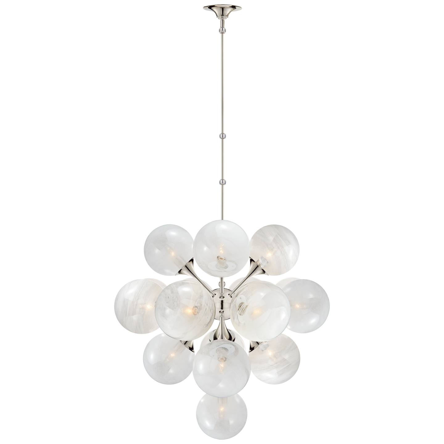 We love the white strie glass globes on this Cristol Large Chandelier. It brings a stunning and unique look to any living room, dining room, or kitchen  Designer: AERIN