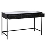 The Alaina Desk exemplifies modern elegance with a graceful silhouette and stunning contrasting materials. Meticulously crafted with high-quality iron, finished using a black antique colorway and banswara natural white marble top. It is completed with three mesh iron drawer fronts accented with gold hardware knobs for easy opening. Amethyst Home provides interior design, new home construction design consulting, vintage area rugs, and lighting in the Alpharetta metro area.