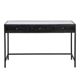 The Alaina Desk exemplifies modern elegance with a graceful silhouette and stunning contrasting materials. Meticulously crafted with high-quality iron, finished using a black antique colorway and banswara natural white marble top. It is completed with three mesh iron drawer fronts accented with gold hardware knobs for easy opening. Amethyst Home provides interior design, new home construction design consulting, vintage area rugs, and lighting in the Seattle metro area.