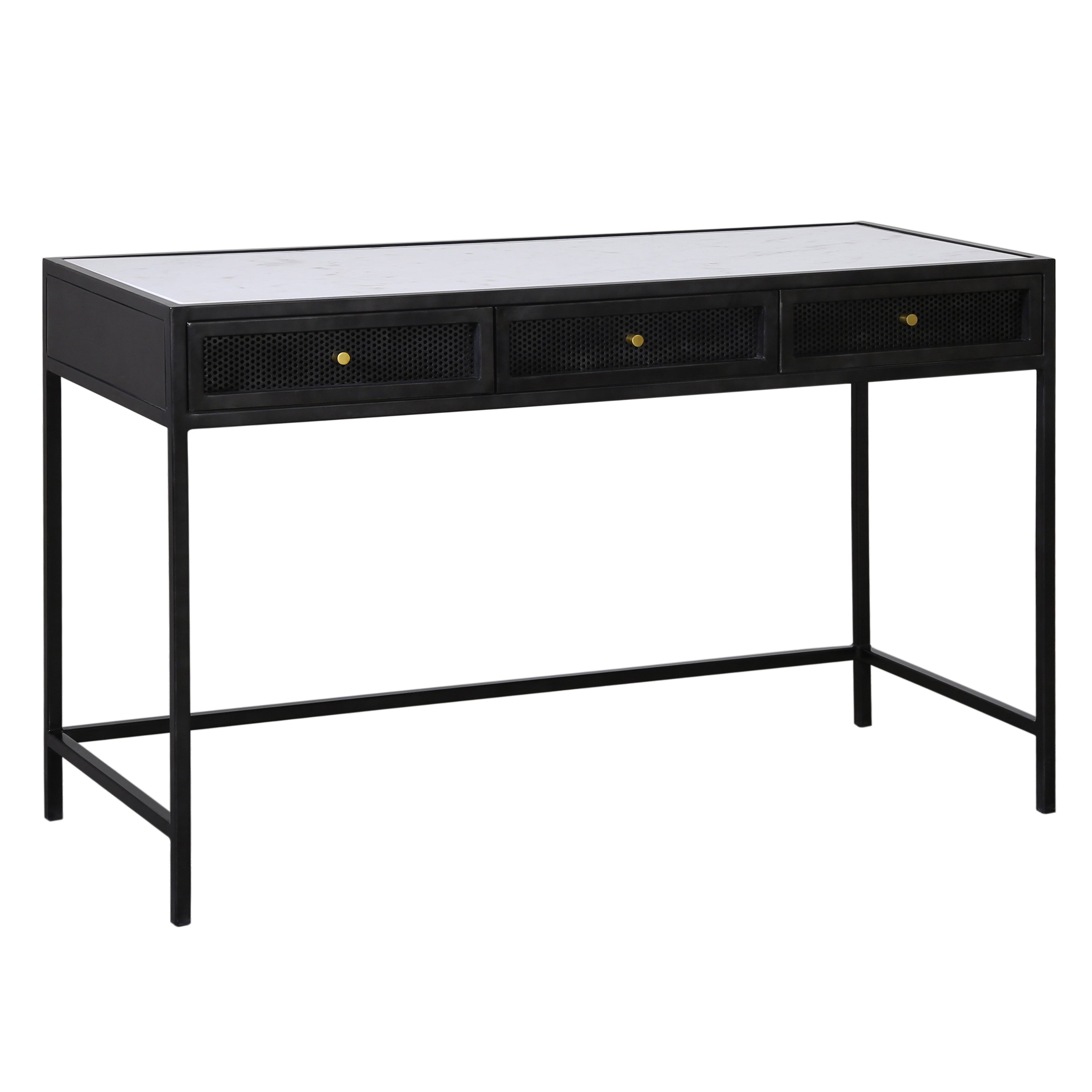 The Alaina Desk exemplifies modern elegance with a graceful silhouette and stunning contrasting materials. Meticulously crafted with high-quality iron, finished using a black antique colorway and banswara natural white marble top. It is completed with three mesh iron drawer fronts accented with gold hardware knobs for easy opening. Amethyst Home provides interior design, new home construction design consulting, vintage area rugs, and lighting in the Winter Garden metro area.