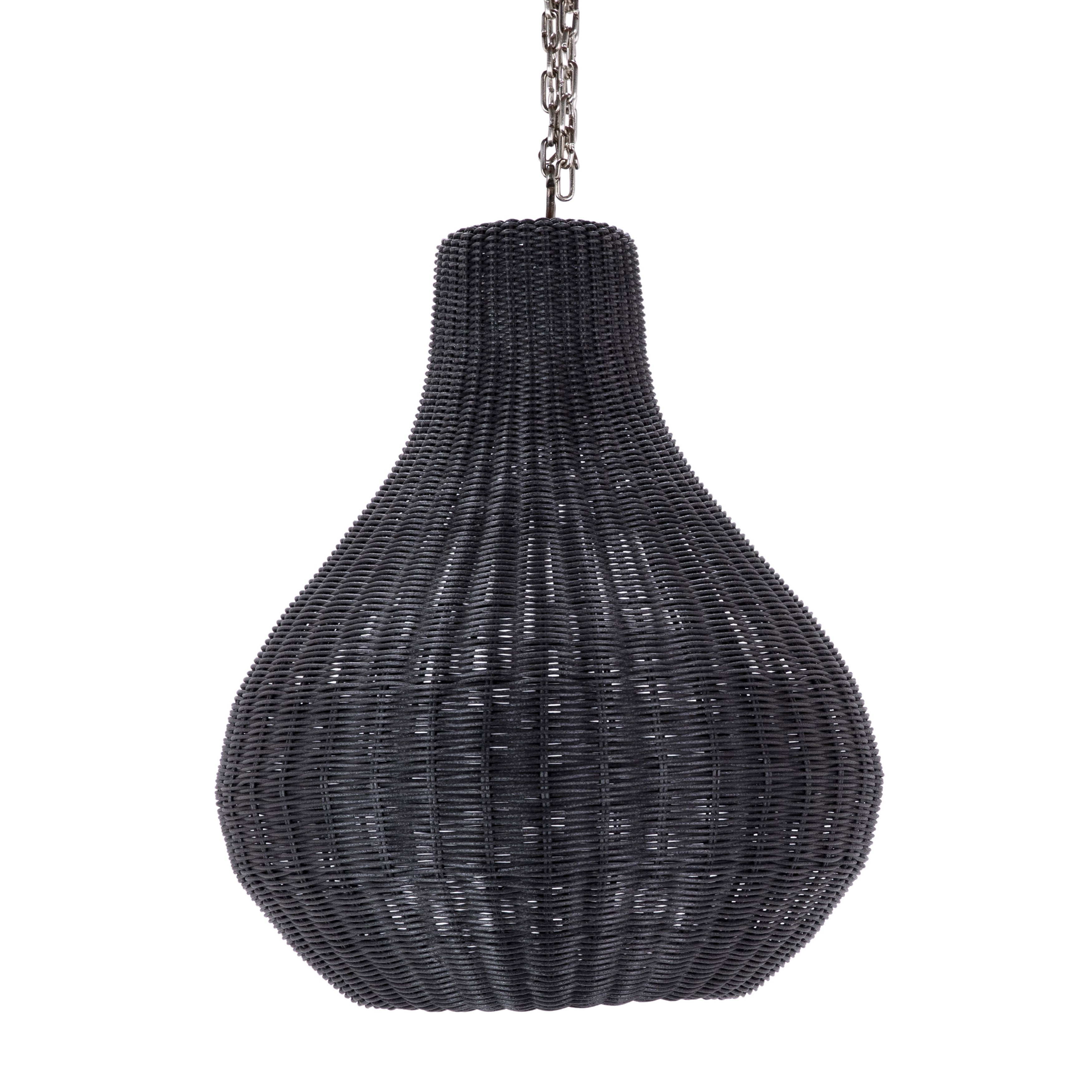 Crafted from a resin weave rattan in a stunning black finish, this 22” high and 18” wide pendant light adds inviting style and softly diffused ambiance to any room. It works well grouped above a dining table, on its own in a reading nook, or anywhere you want a relaxed touch. The perfect option for a warm and relaxed ambiance.Depth : 18 in Amethyst Home provides interior design, new home construction design consulting, vintage area rugs, and lighting in the Seattle metro area.