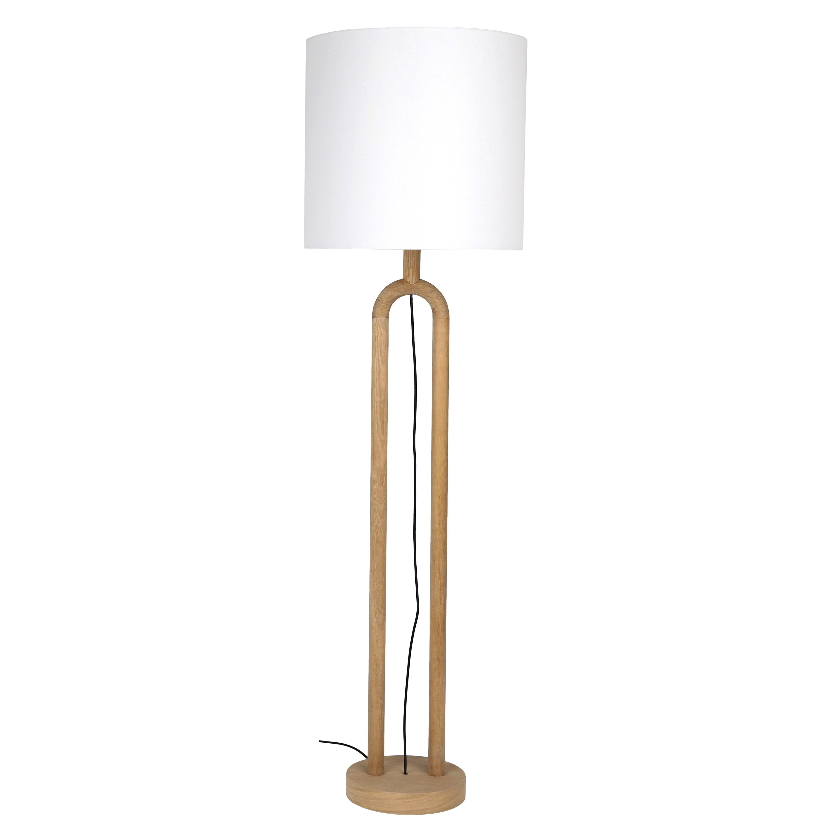 Add solid texture to your home with this contemporary oak wood floor lamp. Featuring a white linen lampshade and an open-arch wooden stand, this floor lamp makes a striking statement in a living room, den, or bedroom. The slim, minimalist design makes it effortlessly easy to fit various décor styles.Depth : 19.5 in Amethyst Home provides interior design, new home construction design consulting, vintage area rugs, and lighting in the Austin metro area.