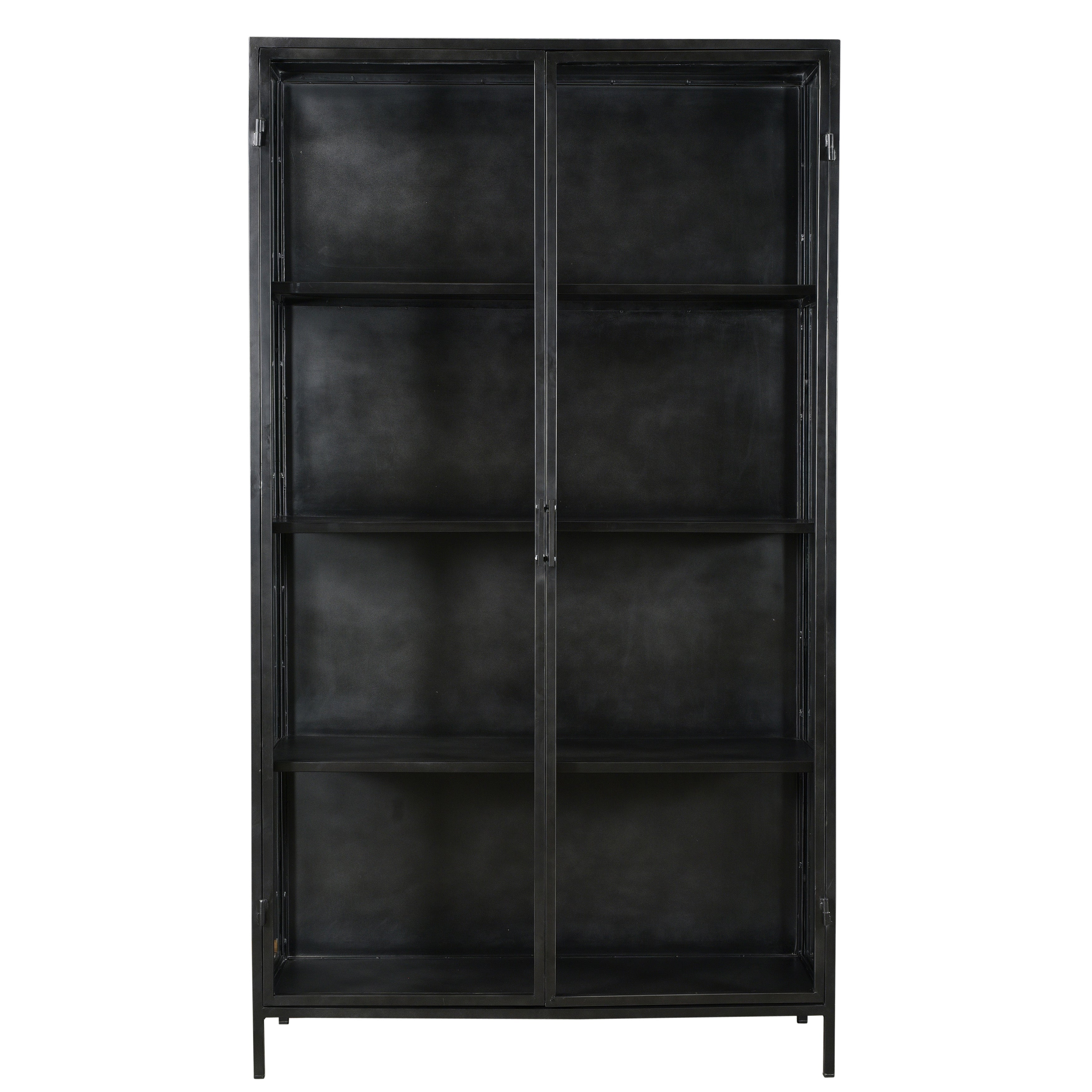 With a touch of vintage industrial style and personality, this 78” tall cabinet will add flair to your home. Designed on a brushed gunmetal, iron frame with glass doors and side panels that give view to four shelf spaces. Amethyst Home provides interior design, new home construction design consulting, vintage area rugs, and lighting in the Kansas City metro area.