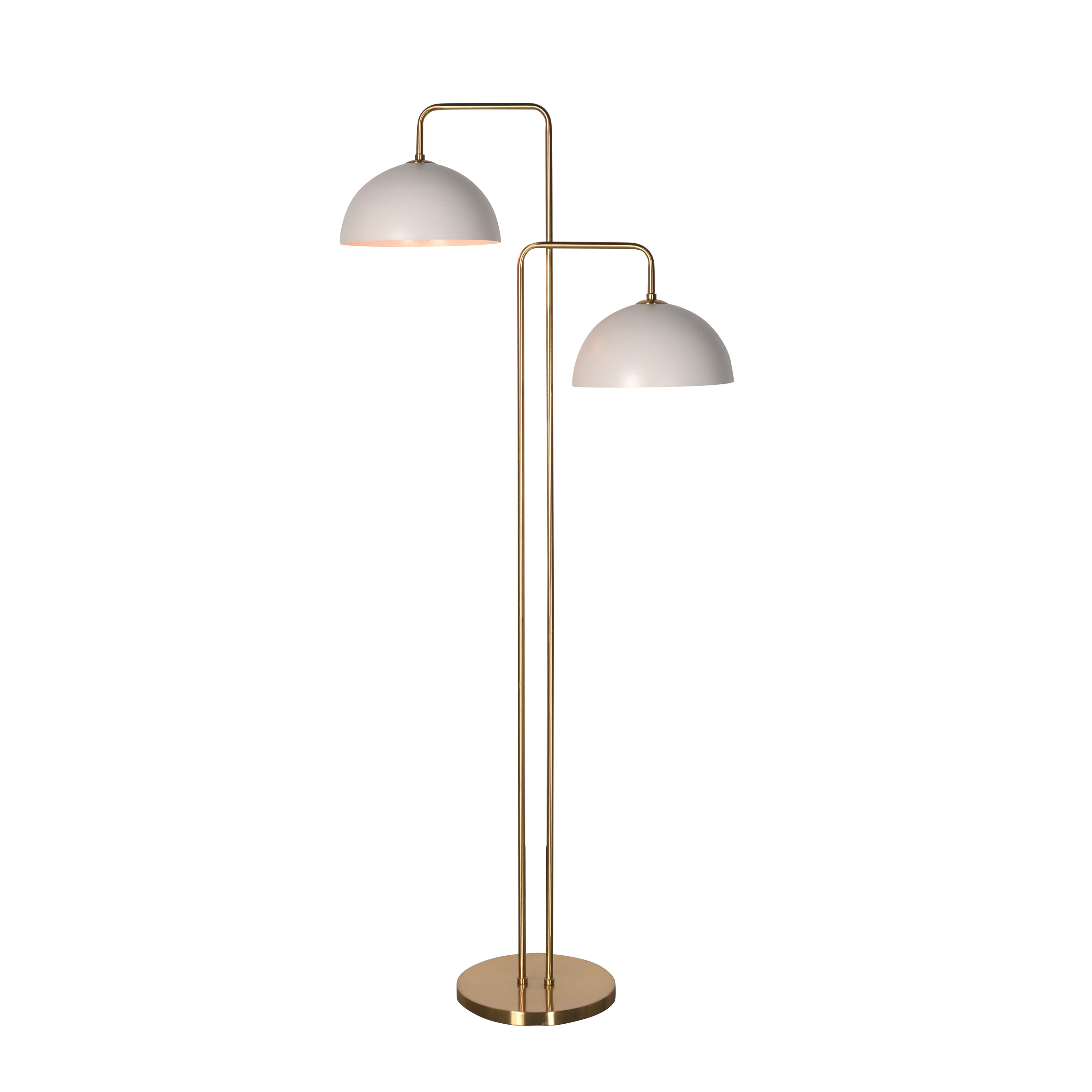 Upgrade your lighting with this simple yet elegant floor lamp. Featuring a delicately slim-brass iron frame and a set of lampshades in a stunning white finish. This minimalistic floor lamp achieves a versatile design that can be incorporated into a variety of interiors.Depth : 12 in Amethyst Home provides interior design, new home construction design consulting, vintage area rugs, and lighting in the Newport Beach metro area.