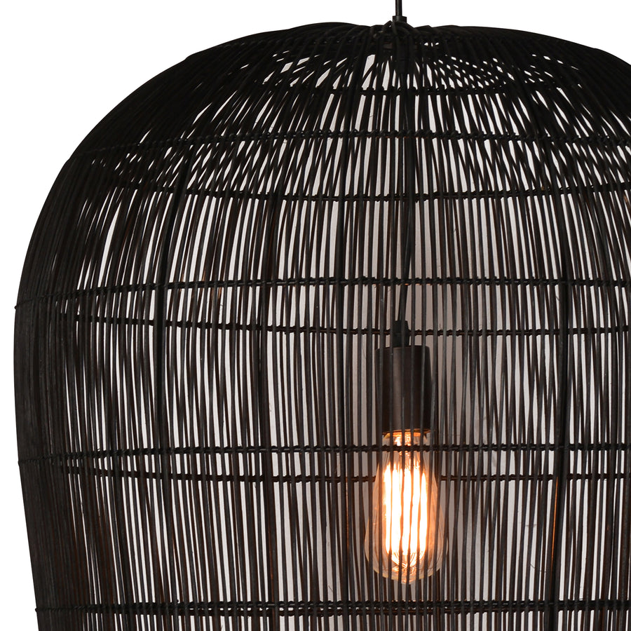 Made from natural rattan, this pendant light adds inviting style and softly diffused ambiance to any room. Remarkably versatile with its black finish, it works well grouped above a dining table, on its own in a reading nook, or anywhere you want a relaxed touch. The perfect option for a warm and relaxed ambiance.Depth : 24 in Amethyst Home provides interior design, new home construction design consulting, vintage area rugs, and lighting in the Charlotte metro area.