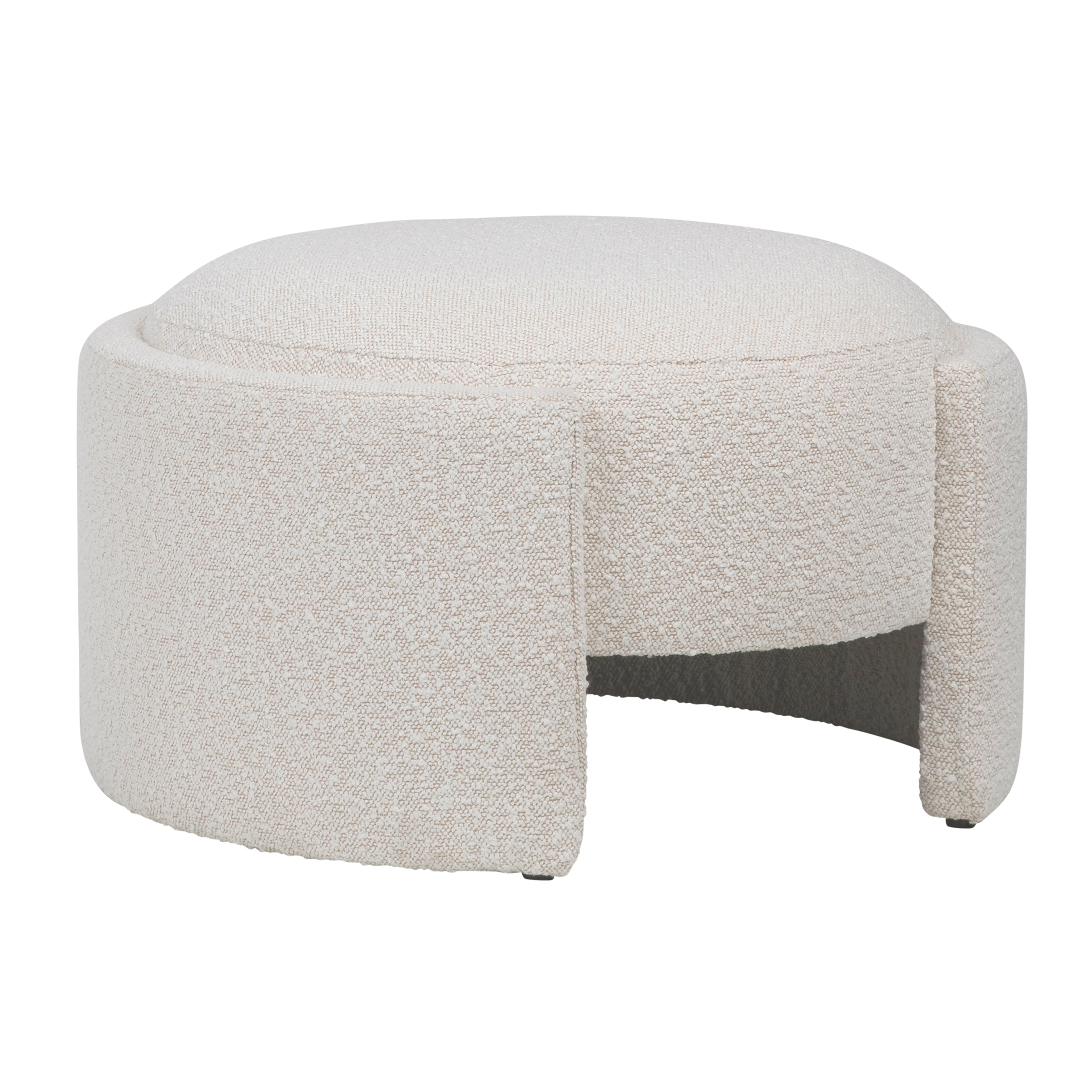 Add a contemporary touch to your seating arrangement with this lovely ottoman. Featuring a round frame supported by a stunning off-white boucle upholstery for extra softness and comfort. Use this 16x28” ottoman as a center table to display small tray and knick-knacks or as a place to prop your feet up after a long day.Depth : 25.5 in Amethyst Home provides interior design, new home construction design consulting, vintage area rugs, and lighting in the Des Moines metro area.