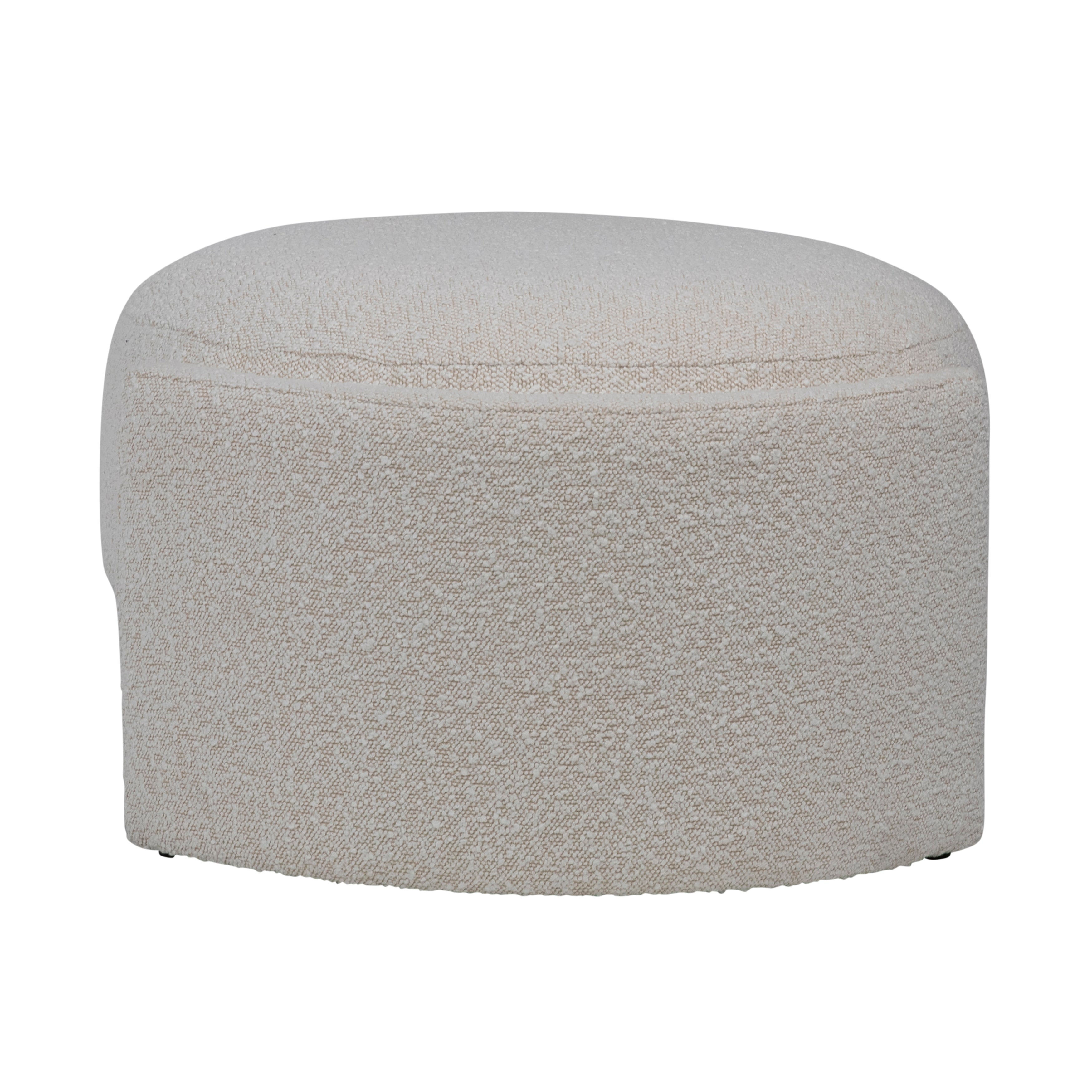 Add a contemporary touch to your seating arrangement with this lovely ottoman. Featuring a round frame supported by a stunning off-white boucle upholstery for extra softness and comfort. Use this 16x28” ottoman as a center table to display small tray and knick-knacks or as a place to prop your feet up after a long day.Depth : 25.5 in Amethyst Home provides interior design, new home construction design consulting, vintage area rugs, and lighting in the Nashville metro area.