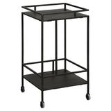 Featuring Evita Bar Cart by Dovetail at Amethyst Home. The perfect little black bar cart for a nook or corner -- at 18" wide, it can give your room essential storage and styling.
Dimensions: 29"h x 18"d x 18"wMaterial : Iron and Oak Wood. Amethyst Home provides interior design, new home construction design consulting, vintage area rugs, and lighting in the Boston metro area.