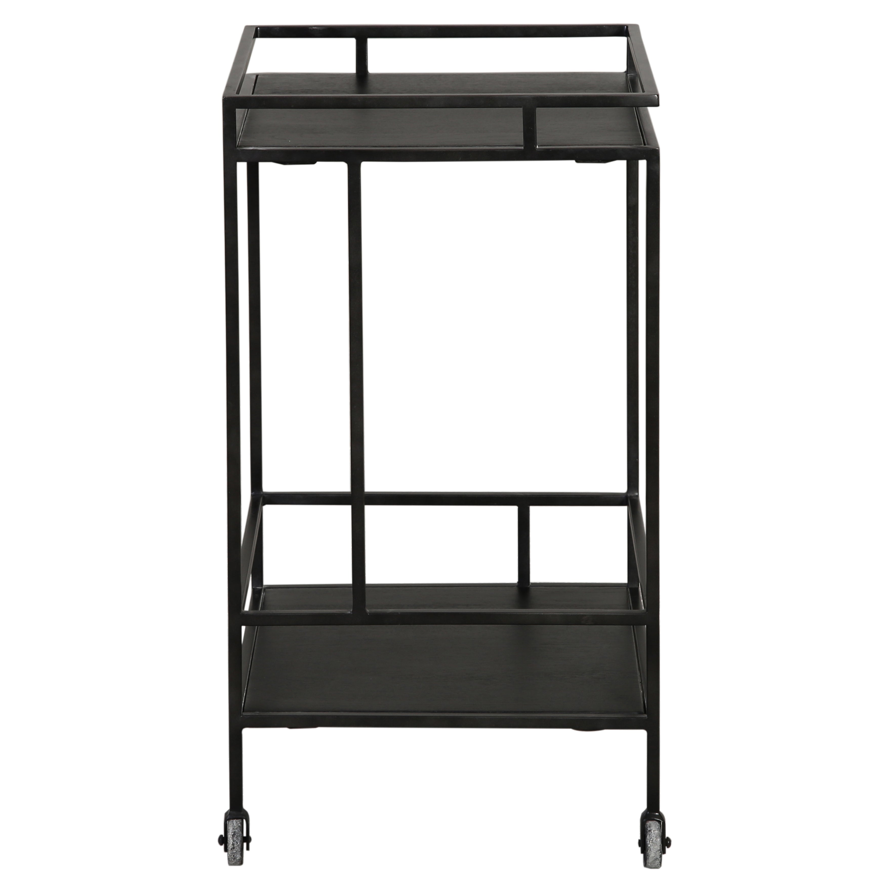 Featuring Evita Bar Cart by Dovetail at Amethyst Home. The perfect little black bar cart for a nook or corner -- at 18" wide, it can give your room essential storage and styling.
Dimensions: 29"h x 18"d x 18"wMaterial : Iron and Oak Wood. Amethyst Home provides interior design, new home construction design consulting, vintage area rugs, and lighting in the Charlotte metro area.