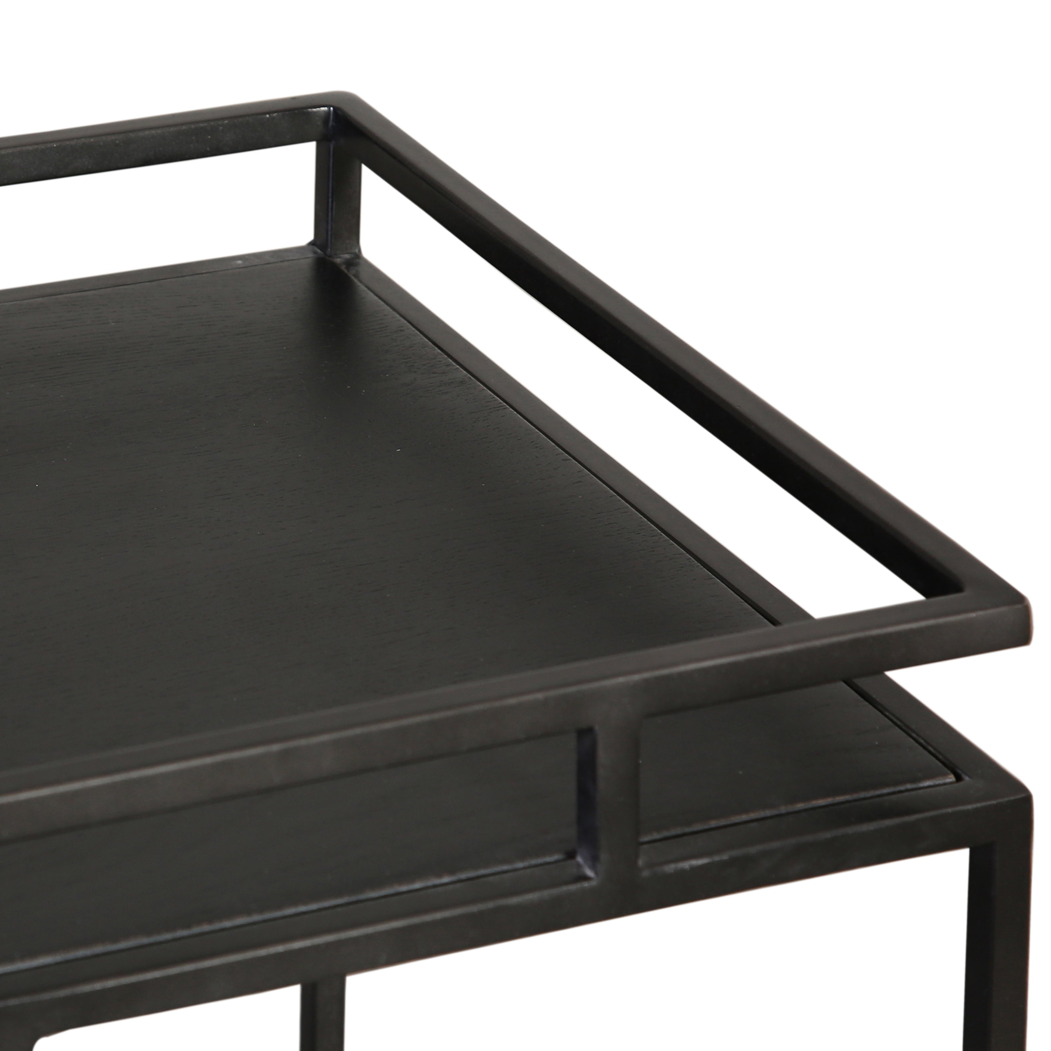 Featuring Evita Bar Cart by Dovetail at Amethyst Home. The perfect little black bar cart for a nook or corner -- at 18" wide, it can give your room essential storage and styling.
Dimensions: 29"h x 18"d x 18"wMaterial : Iron and Oak Wood. Amethyst Home provides interior design, new home construction design consulting, vintage area rugs, and lighting in the Des Moines metro area.