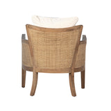 Made with mixed materials, this handsome tropical inspired Occasional Chair features a natural white, cotton blend cushioned seat and back rest supported by a natural oak wood frame wrapped in natural rattan panels.Depth : 31 in Amethyst Home provides interior design, new home construction design consulting, vintage area rugs, and lighting in the Charlotte metro area.