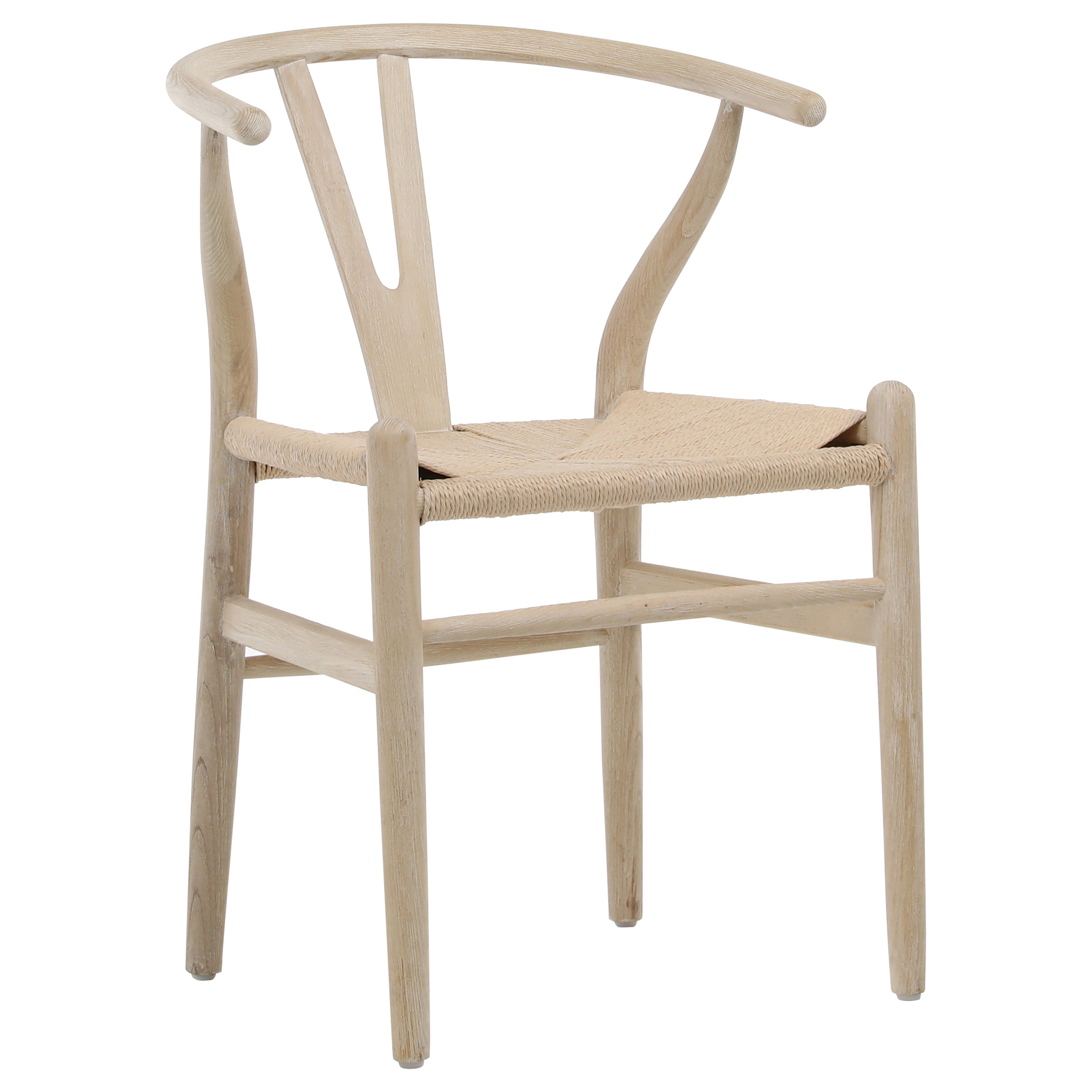 A trendy take on a classic mid-century modern wishbone chair. This dining chair stands out with its curved, oak wood frame and craft paper woven seating. The woven seat adds an organic feel to the sculptural form and cutout back design, while the light finish completes the fresh and airy look. Certainly, a statement piece.Arm_height : 26 in Amethyst Home provides interior design, new home construction design consulting, vintage area rugs, and lighting in the Miami metro area.